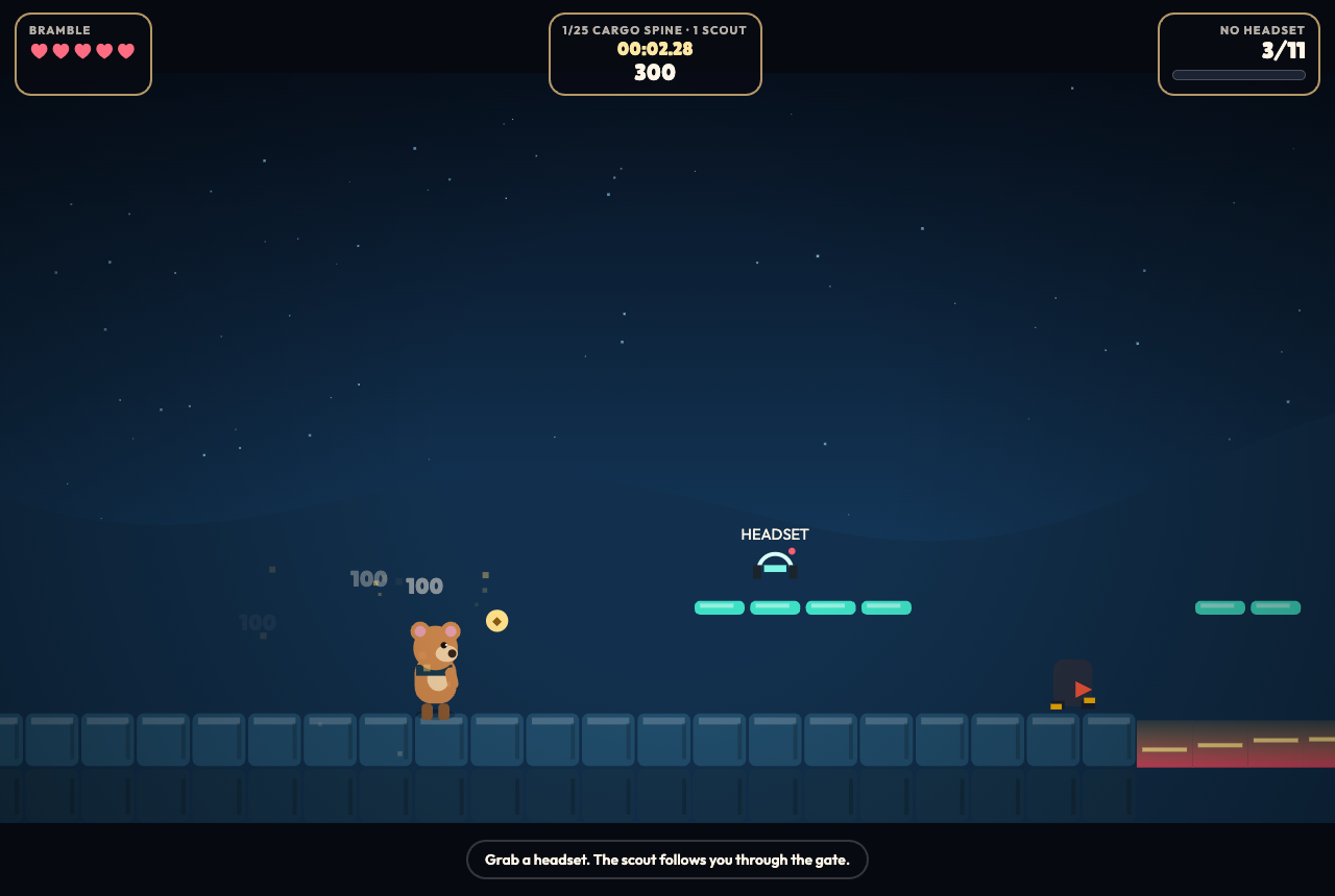 Agent Bramble on level 1, Cargo Spine, with five hearts and a headset waiting ahead.