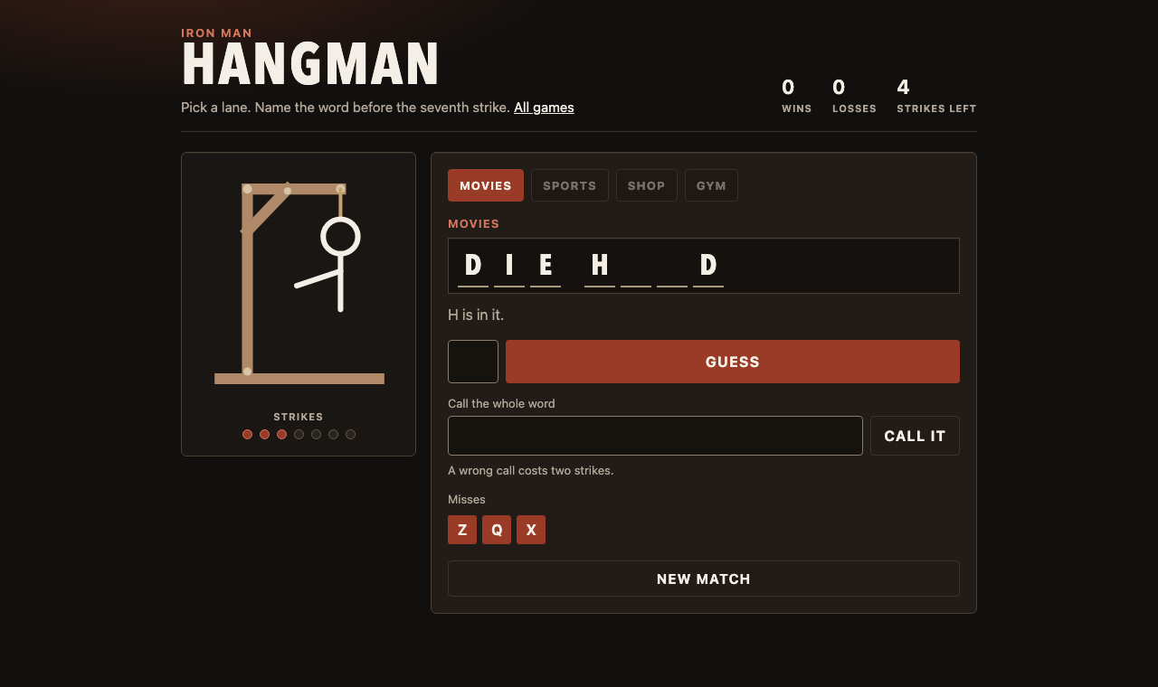 Iron Man Hangman, with an oak gallows, a word on the steel plate, and strikes left.
