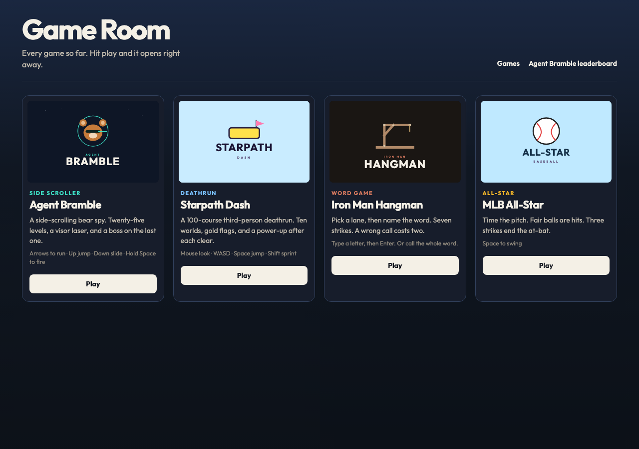 The game room lobby, with Agent Bramble, Starpath Dash, Iron Man Hangman, and MLB All-Star.