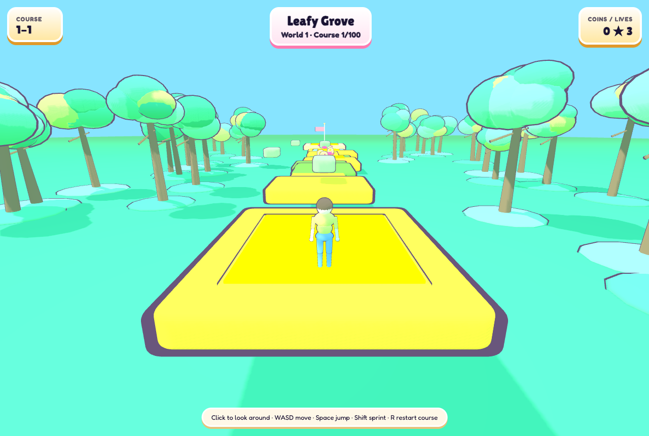 Starpath Dash on course 1 of Leafy Grove, looking down a path of yellow platforms.